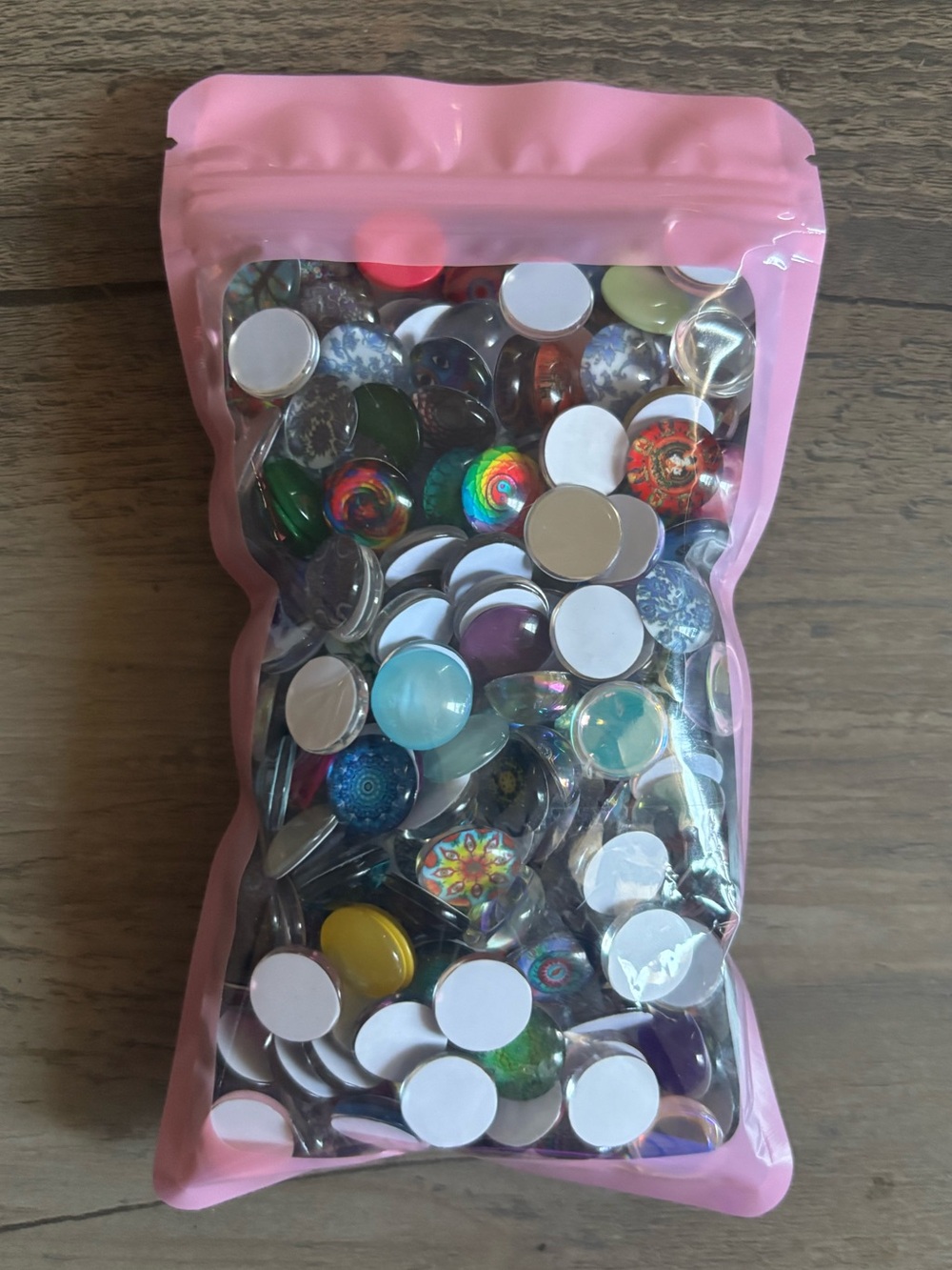 5”x3” bag FULL of random mixed 12mm glass cabochons various colors and patterns